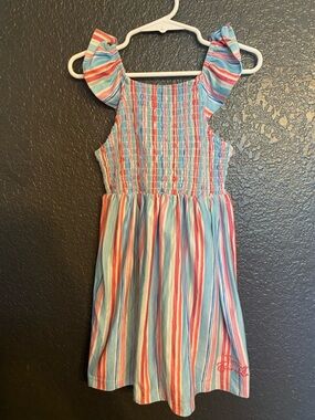 Girls Striped Summer Dress - Blue & Coral